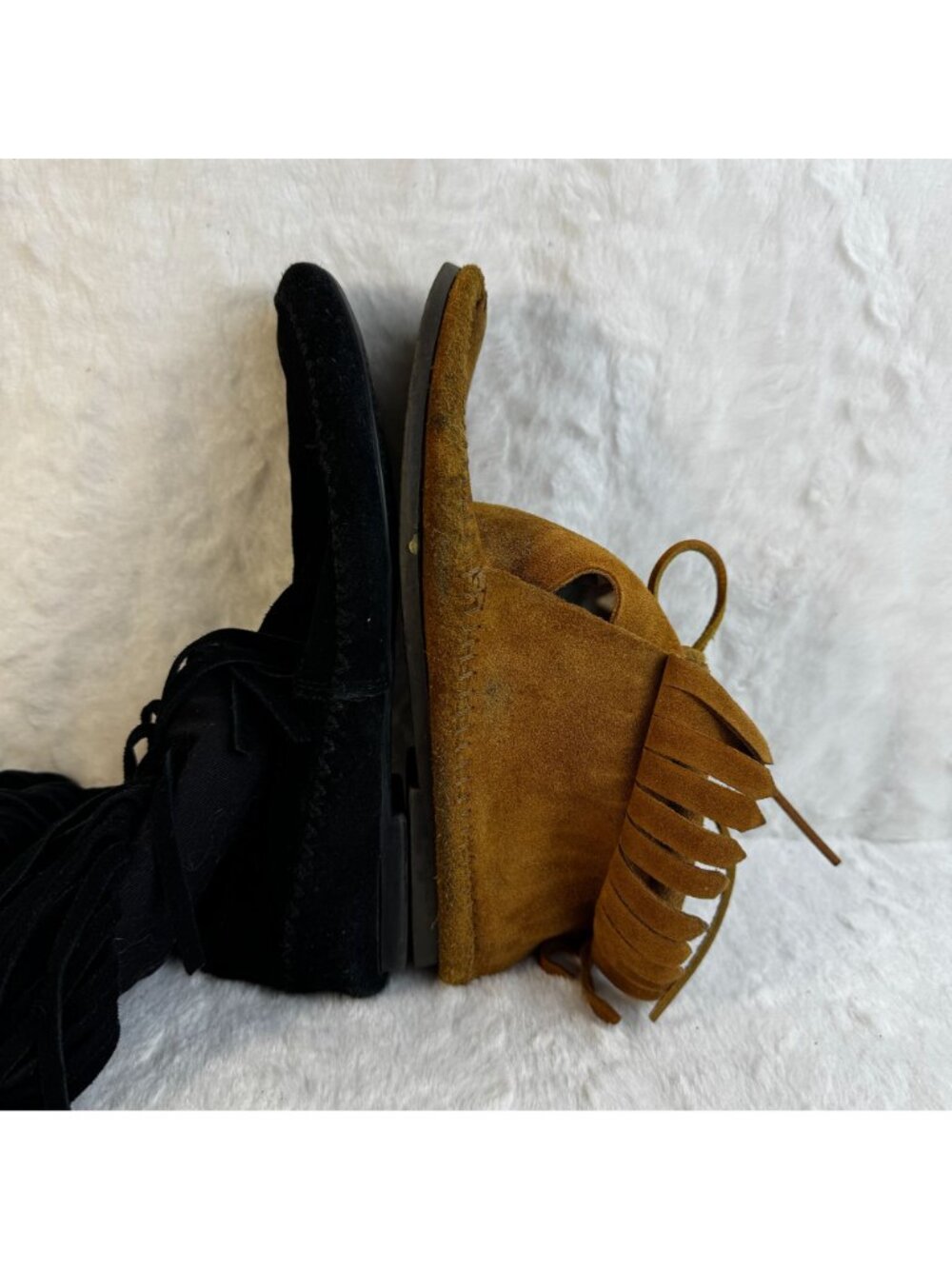 LC Lauren Conrad Thia Black Suede 3 Tier Fringe MidCalf Moccasin Boots Women 6M - Picture 12 of 14